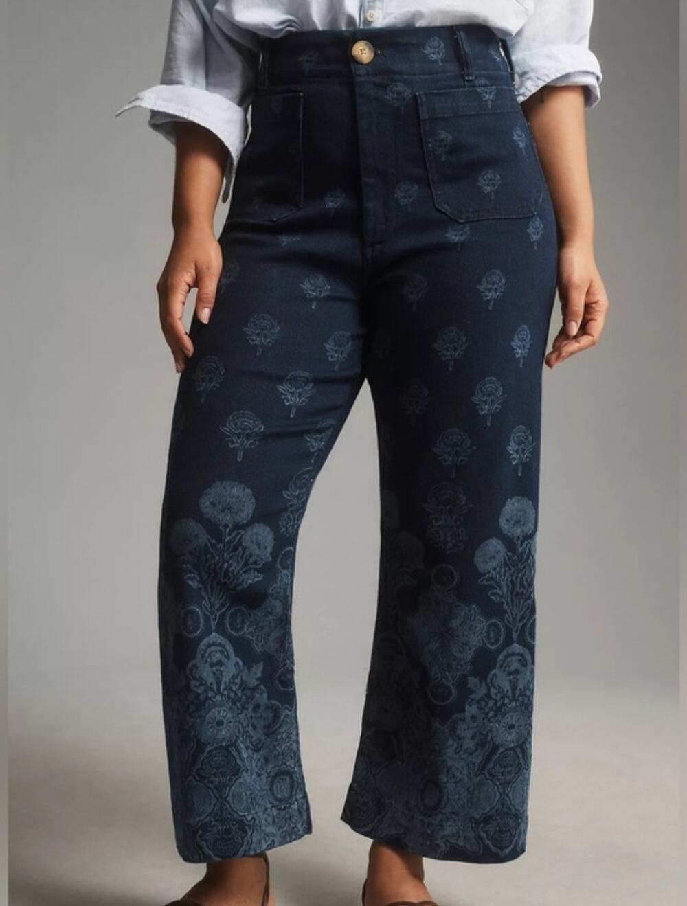 Maeve The Colette dark blue floral print wide leg ankle jeans Size 30 Boho